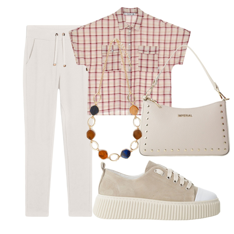 Outfit donna - In giro tranquilla 2. Stile Casual per Tutti i giorni. Abbinamento con camicie a manica corta, sneakers, borse a spalla, pantaloni, collane.