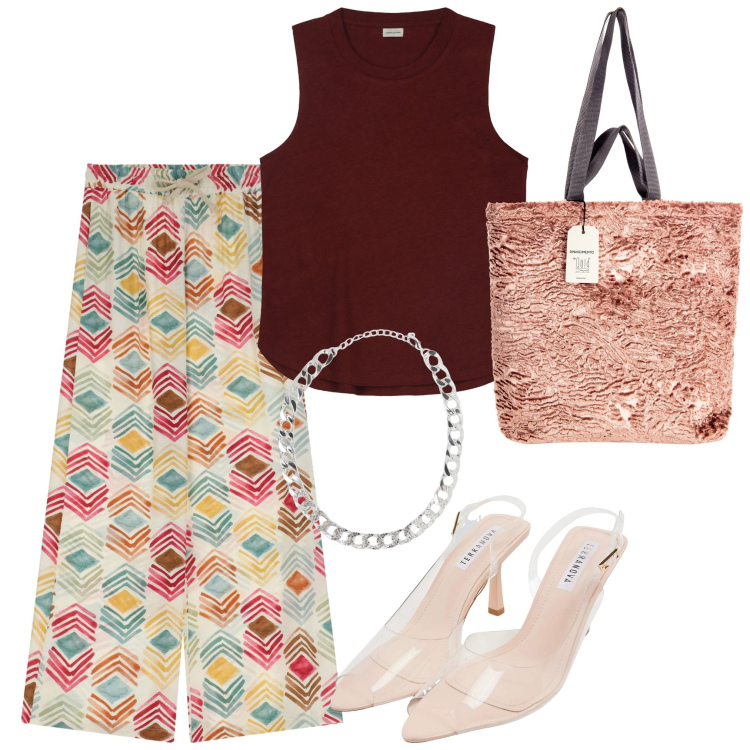 Outfit donna - Il pantalone vivace. Stile Casual per Tutti i giorni. Abbinamento con collane, sandali col tacco, borse tote, pantaloni, top.