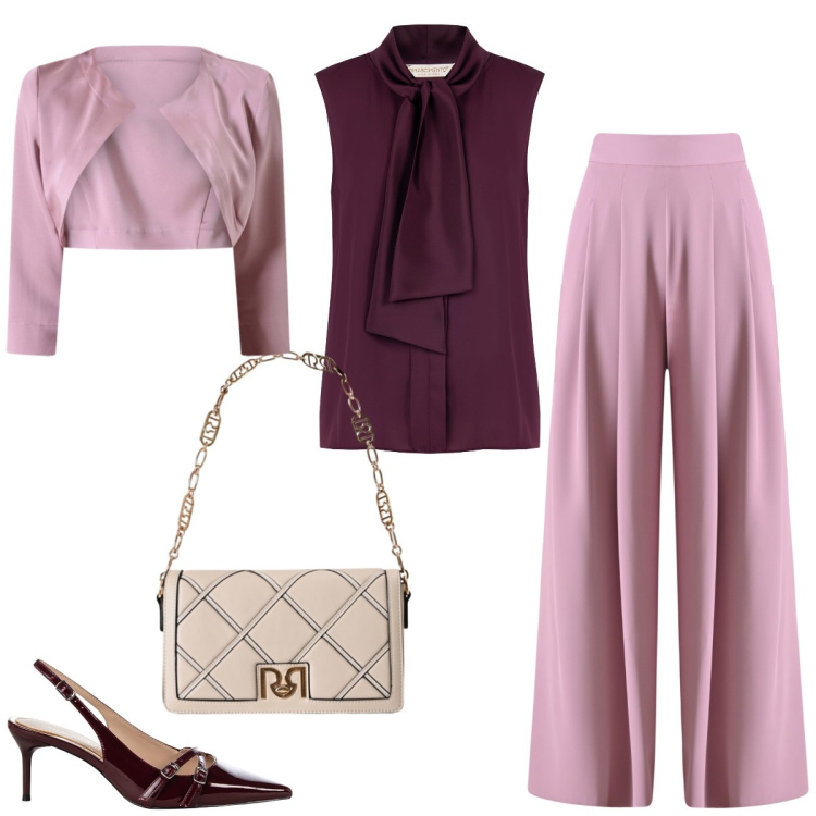 Outfit donna - Pranzo formale. Stile Chic per Tutti i giorni. Abbinamento con top, pantaloni a palazzo, bolero, décolleté, borse a tracolla.