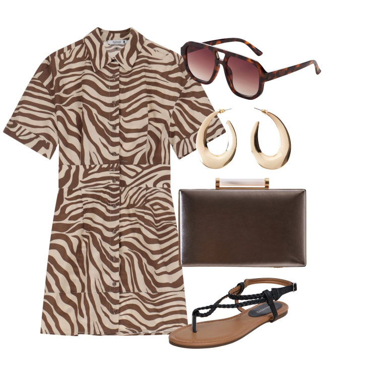 Outfit donna - Abito zebrato. Stile Glamour per Tutti i giorni. Abbinamento con orecchini, occhiali da sole, ciabatte, clutch, vestiti corti.