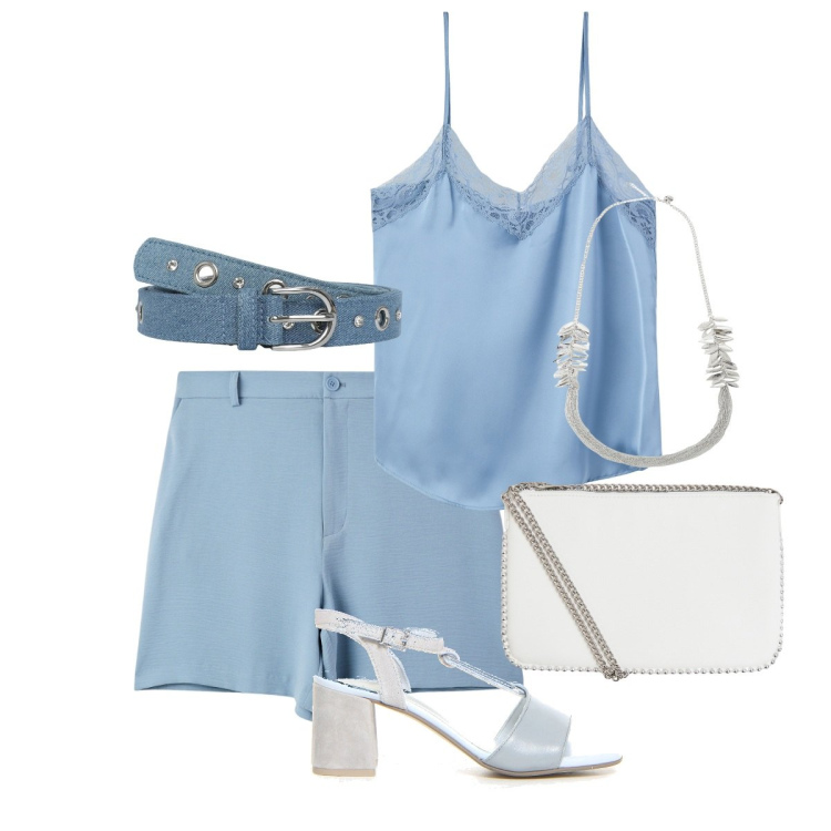 Outfit donna - Quel turchese marchese. Stile Bon Ton per Serata fuori. Abbinamento con cinture, shorts, top, borse a tracolla, collane, sandali col tacco.