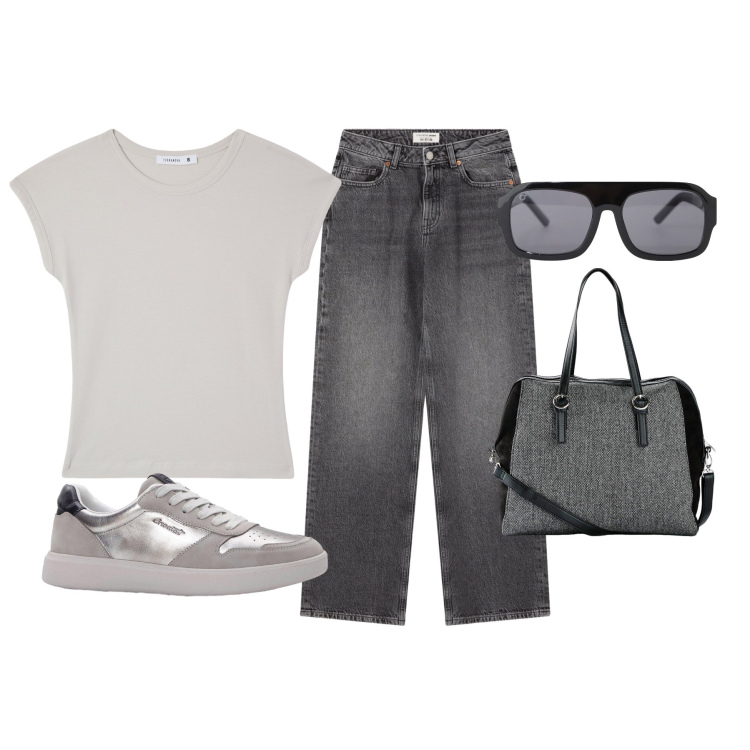 Outfit donna - Minimalista. Stile Minimal per Tutti i giorni. Abbinamento con sneakers, borse a mano, jeans, t-shirt, occhiali da sole.