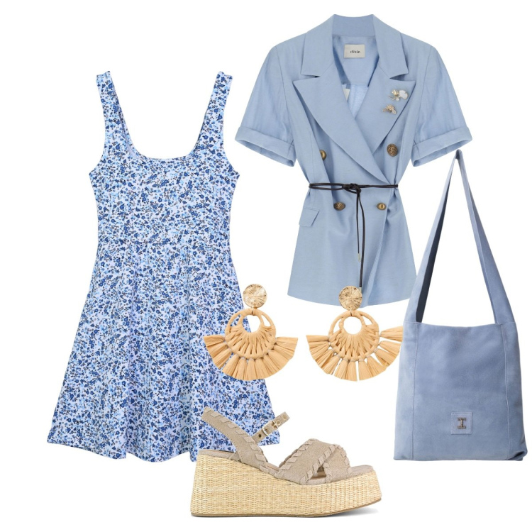 Outfit donna - Occhi color turchese. Stile Romantica per Tutti i giorni. Abbinamento con orecchini, vestiti corti, borse a tracolla, blazer, zeppe.