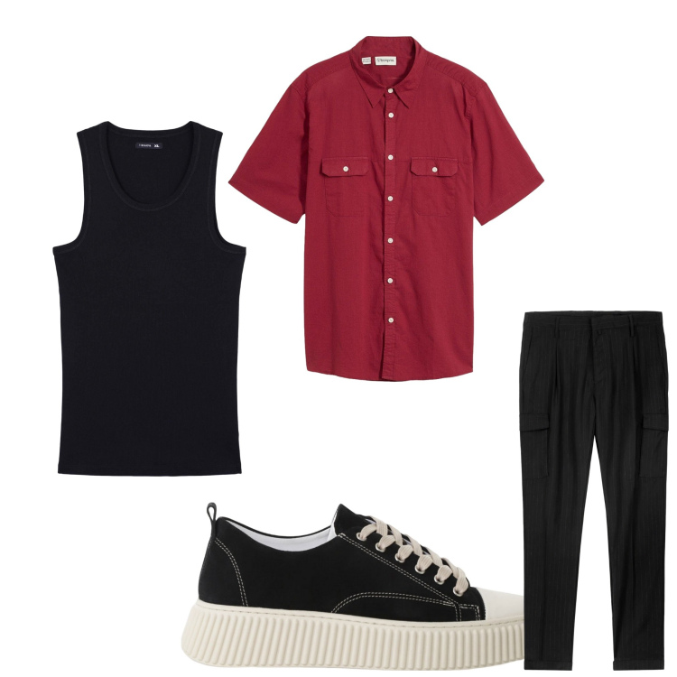 Outfit uomo - Il rosso e il nero. Stile Casual per Serata speciale. Abbinamento con camicie a manica corta, canottiere, sneakers, pantaloni cargo.