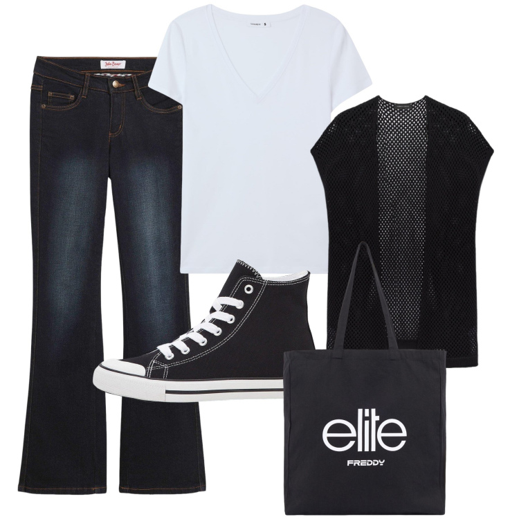 Outfit donna - Jeans a zampa. Stile Basic per Tutti i giorni. Abbinamento con jeans bootcut, sneakers alte, t-shirt, shopping bag, cardigans.