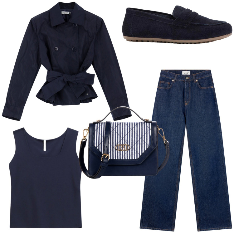 Outfit donna - Ritorno in ufficio. Stile Casual chic per Ufficio. Abbinamento con mocassini, jeans, borse a mano, blazer, canottiere.