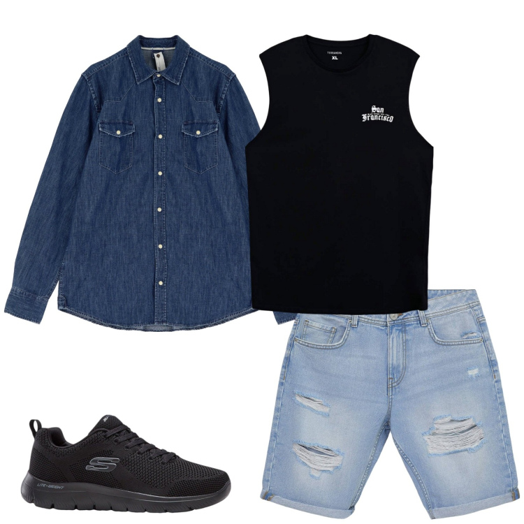 Outfit uomo - Un tipo tosto. Stile Casual per Tutti i giorni. Abbinamento con sneakers, bermuda, canottiere, camicie.