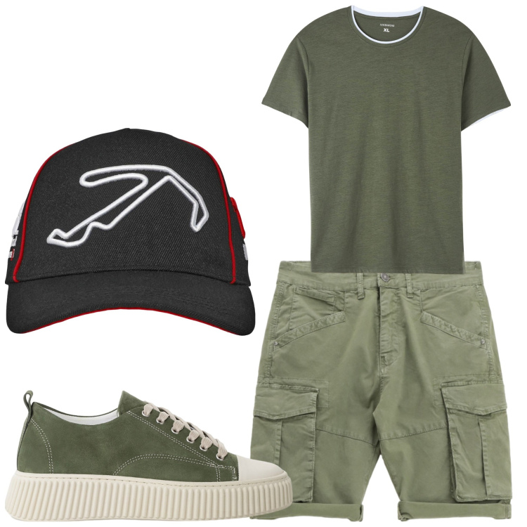 Outfit uomo - verde tutti i giorni. Stile Casual per Tutti i giorni. Abbinamento con t-shirt, cappelli, sneakers, bermuda.