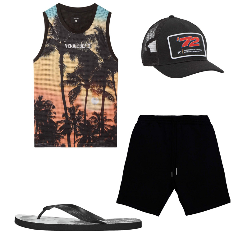 Outfit uomo - Al mare. Stile Casual per Mare. Abbinamento con cappelli, sandali, canottiere, pantaloni corti.