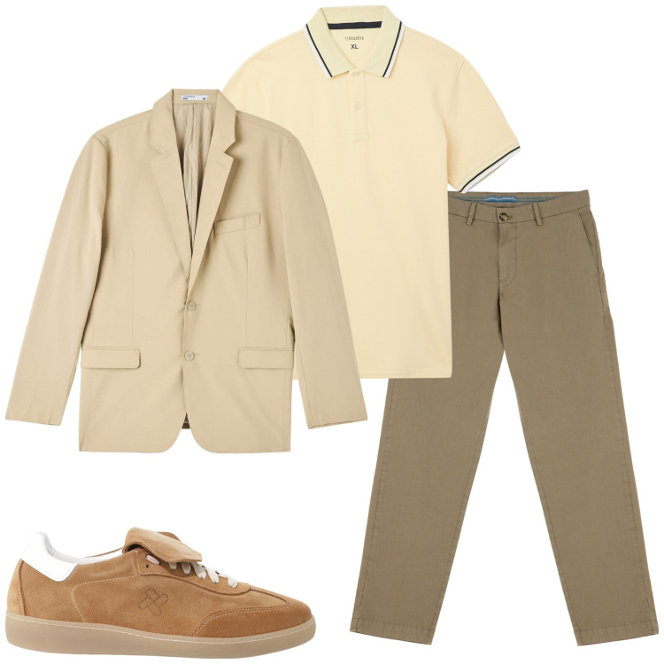 Outfit uomo - Agosto in ufficio. Stile Casual per Ufficio. Abbinamento con giacche, polo, sneakers, pantaloni chino.
