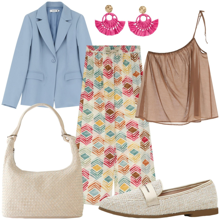 Outfit donna - Fuxia in mix. Stile Casual chic Abbinamento con mocassini, orecchini, shopping bag, blazer, pantaloni, top.