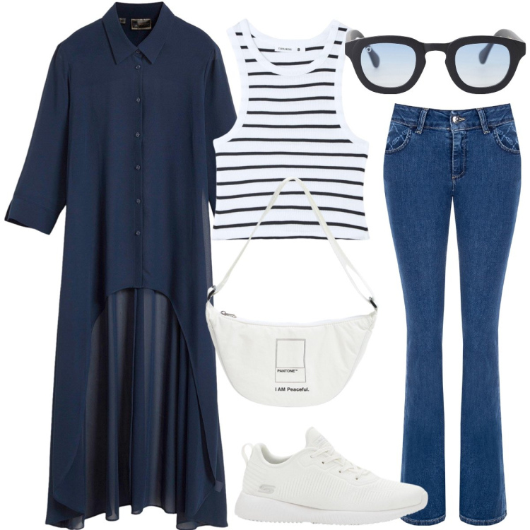 Outfit donna - In città. Stile Casual per Tutti i giorni. Abbinamento con bluse, sneakers, marsupi, canottiere, jeans a zampa, occhiali da sole.