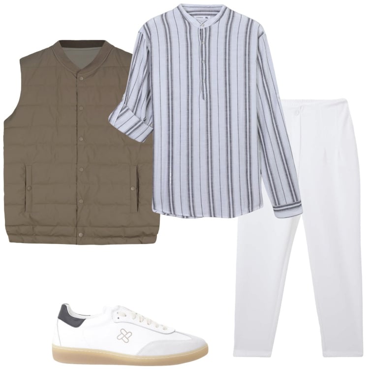 Outfit uomo - A cena io e te. Stile Trendy per Serata speciale. Abbinamento con pantaloni chino, camicie, sneakers, gilet.