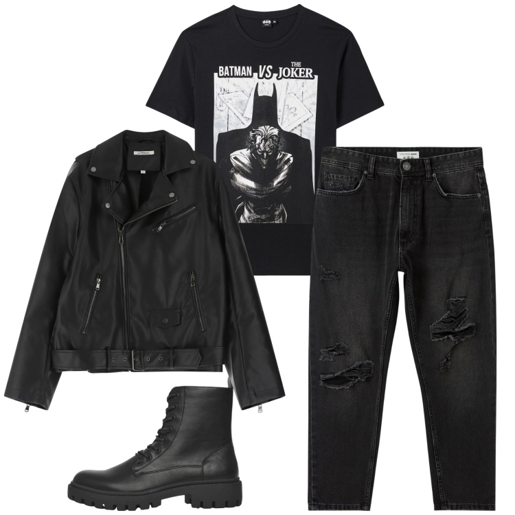Outfit uomo - Summer in rock. Stile Biker Rock per Serata speciale. Abbinamento con jeans strappati, t-shirt, anfibi, giacche.