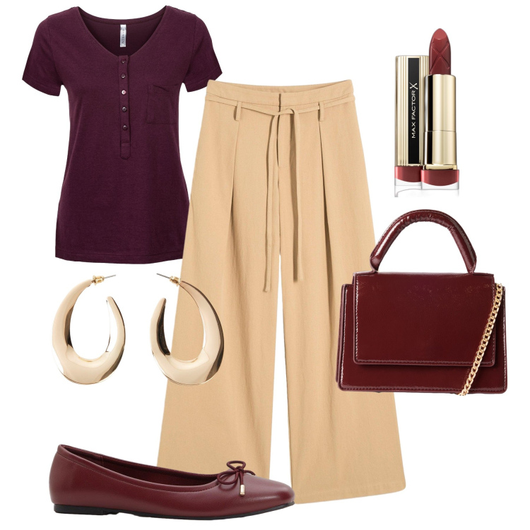 Outfit donna - Gli orecchini che illuminano. Stile Casual chic per Tutti i giorni. Abbinamento con pantaloni, t-shirt, orecchini, ballerine, rossetti, borse a tracolla.