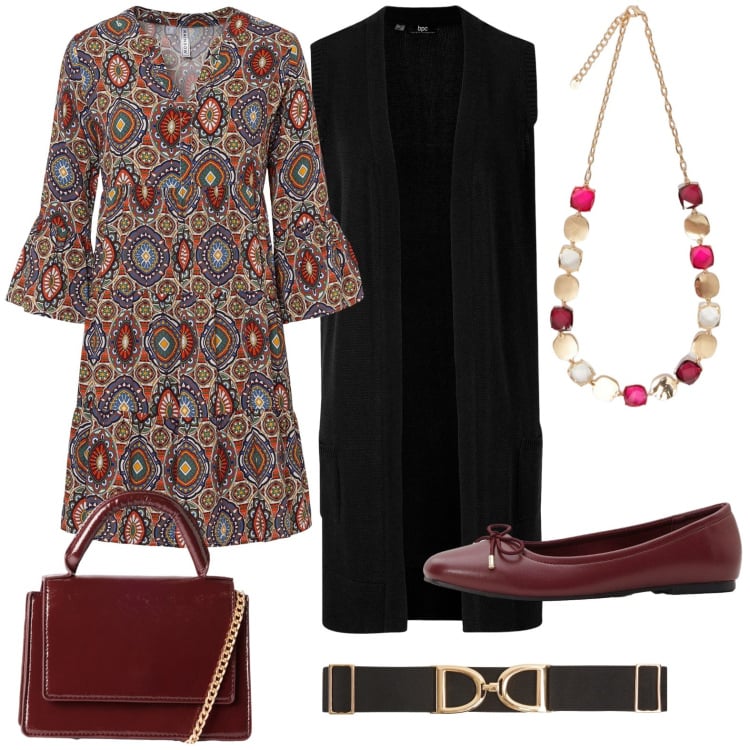Outfit donna - Gilet black. Stile Casual chic Abbinamento con vestiti corti, maglieria, ballerine, cinture, borse a tracolla, collane.