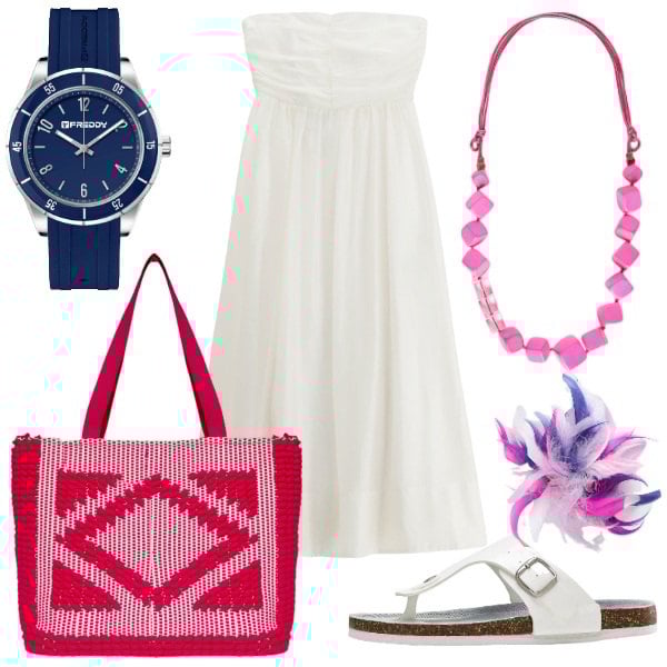 Outfit donna - Accessori colorati. Stile Basic per Mare. Abbinamento con infradito, vestiti senza maniche, orologi, collane, borse a mano, accessori per capelli.