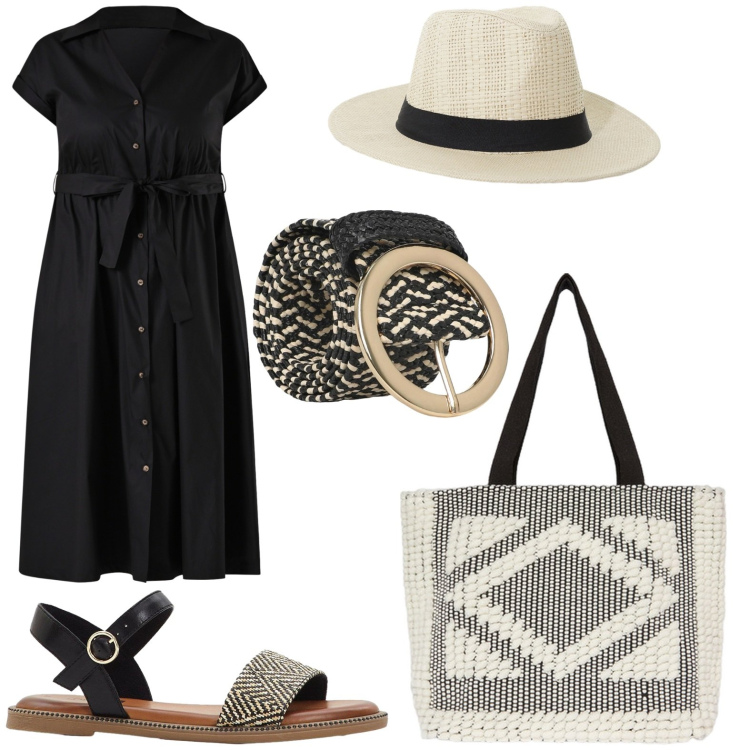 Outfit donna - Trai i borghi del BelPaese. Stile Glamour per Tutti i giorni. Abbinamento con sandali, cinture, vestiti chemisier, cappelli, shopping bag.