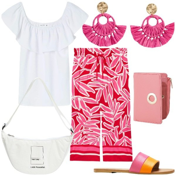 Outfit donna - Orecchini colorati. Stile Urban per Tutti i giorni. Abbinamento con ciabatte, orecchini, marsupi, bluse, portafogli, pantaloni a palazzo.