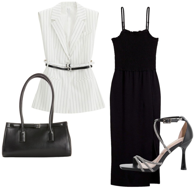 Outfit donna - Total look #2231710. Stile Chic per Serata fuori. Abbinamento con vestiti midi/longuette, borse a mano, sandali col tacco, gilet.