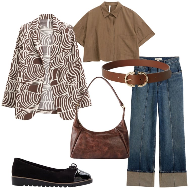 Outfit donna - Rientro in ufficio. Stile Casual per Ufficio. Abbinamento con jeans dritti, ballerine, borse a mano, cinture, blazer, camicie a manica corta.