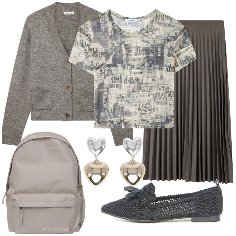 Outfit donna - Back to school in gonna. Stile Glamour per Scuola/Università. Abbinamento con t-shirt, gonne lunghe, orecchini, zaini, cardigans, ballerine.