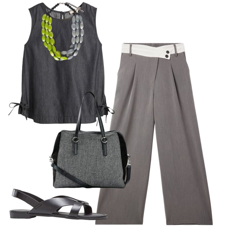 Outfit donna - Total look #2231714. Stile Trendy per Ufficio. Abbinamento con top, borse a mano, sandali, pantaloni, collane.