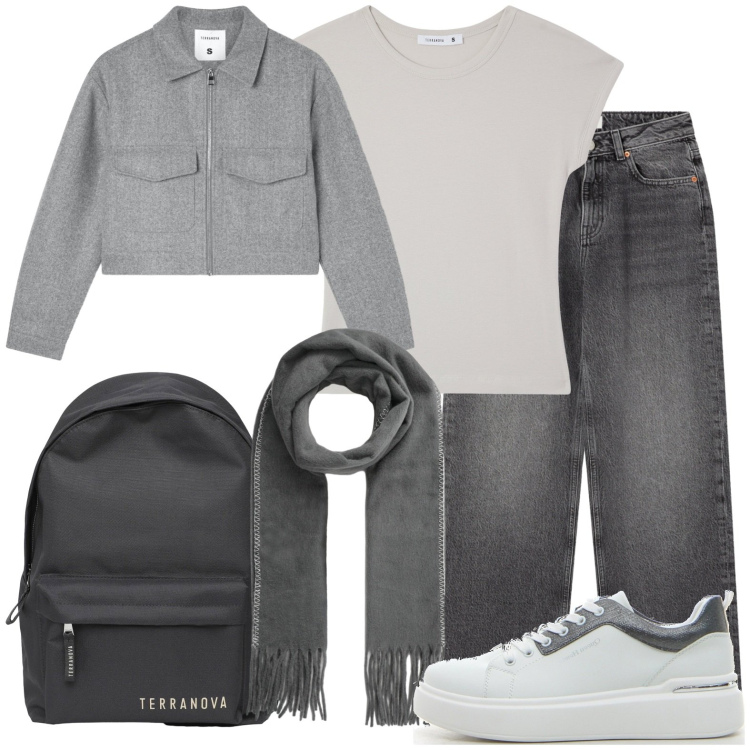 Outfit donna - Back to school in gray. Stile Glamour per Scuola/Università. Abbinamento con jeans, t-shirt, blazer, zaini, sciarpe, sneakers.