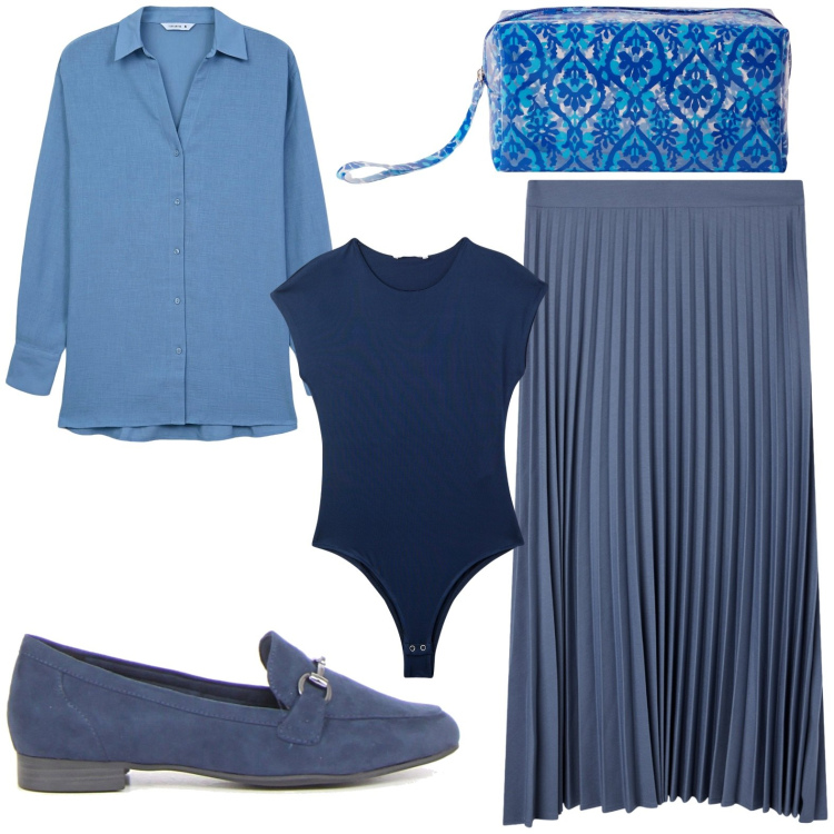 Outfit donna - Back to school in blue. Stile Chic per Scuola/Università. Abbinamento con camicie, pochette, gonne lunghe, body, mocassini.