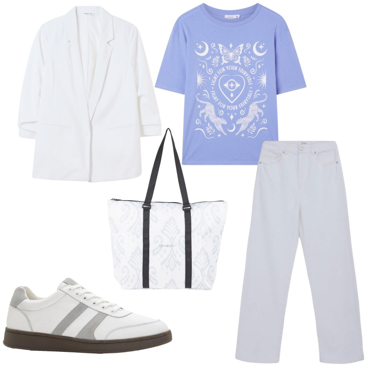 Outfit donna - Passeggiata con le amiche. Stile Casual per Tutti i giorni. Abbinamento con sneakers, t-shirt, blazer, pantaloni, shopping bag.