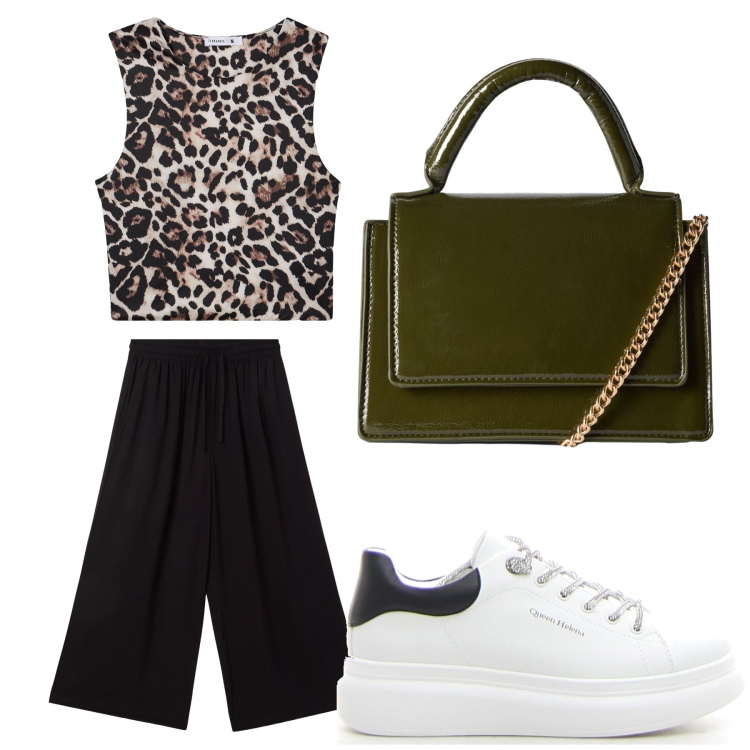 Outfit donna - Aperitivo. Stile Trendy per Tutti i giorni. Abbinamento con pantaloni a palazzo, borse a tracolla, top, sneakers.
