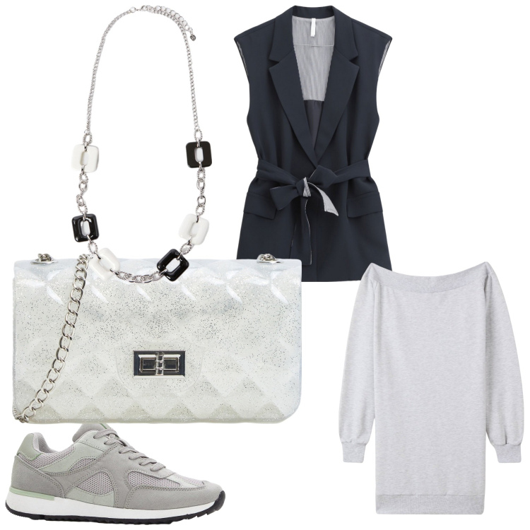 Outfit donna - Nero su grigio. Stile Sporty chic per Tutti i giorni. Abbinamento con sneakers, borse a tracolla, vestiti corti, gilet, collane.
