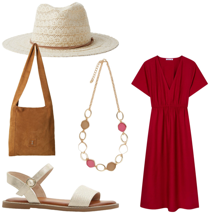 Outfit donna - Pienza. Stile Casual chic per Tutti i giorni. Abbinamento con sandali, vestiti lunghi, cappelli, borse a tracolla, collane.