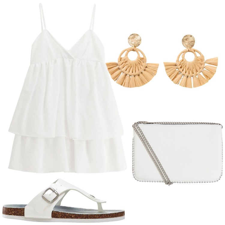 Outfit donna - Bianco e corda. Stile Chic per Serata fuori. Abbinamento con infradito, orecchini, borse a tracolla, vestiti corti.