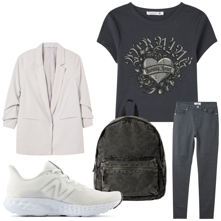 Outfit donna - La prima campanella. Stile Casual per Scuola/Università. Abbinamento con t-shirt, pantaloni skinny, blazer, zaini, sneakers.