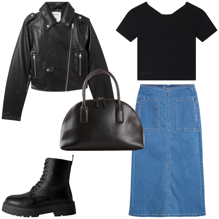 Outfit donna - Arriva l\' autunno. Stile Rock per Tutti i giorni. Abbinamento con shopping bag, gonne longuette, giacche, anfibi, t-shirt.