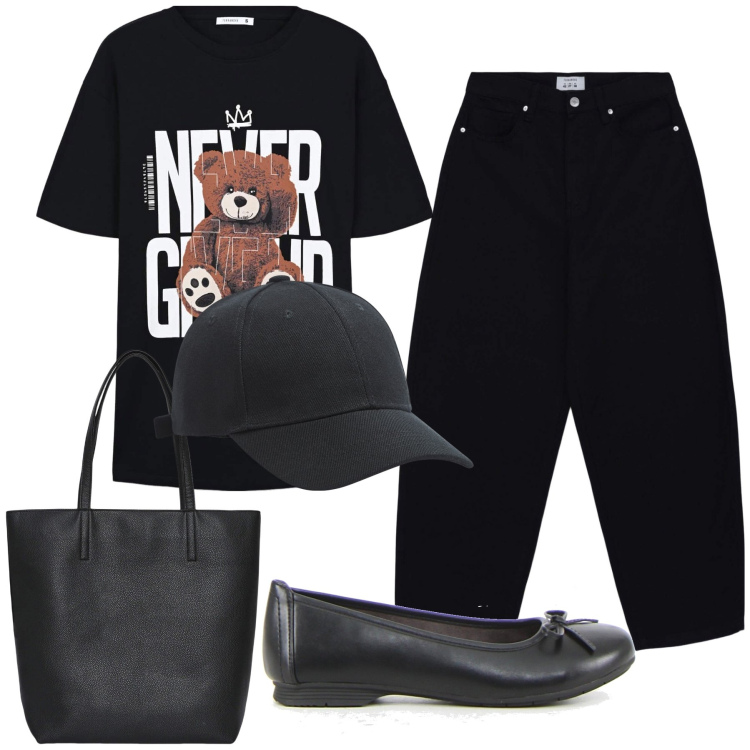 Outfit donna - Humour per tornare a scuola. Stile Basic per Scuola/Università. Abbinamento con borse tote, cappelli, t-shirt, pantaloni, ballerine.