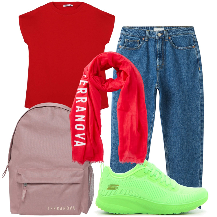 Outfit donna - Colorful back to school. Stile Trendy per Scuola/Università. Abbinamento con jeans mom, t-shirt, foulard, zaini, sneakers.