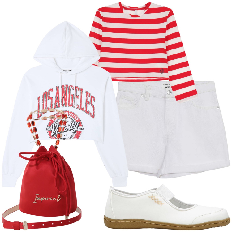 Outfit donna - Preppy girl con stile. Stile Preppy per Tutti i giorni. Abbinamento con ballerine, shorts, felpe sportive, borse a secchiello, t-shirt.