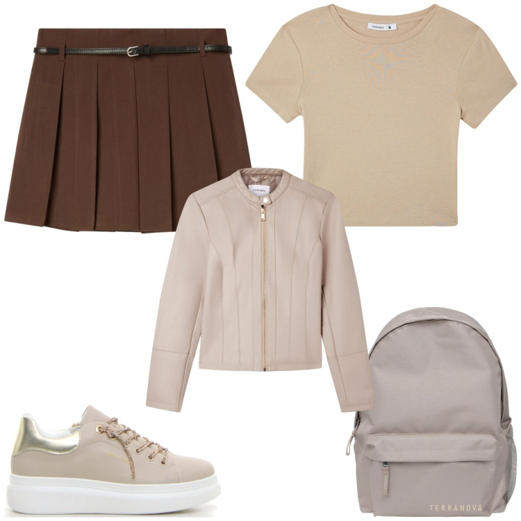 Outfit donna - Ritorno a scuola. Stile Preppy per Scuola/Università. Abbinamento con zaini, giacche, minigonne, t-shirt, sneakers.