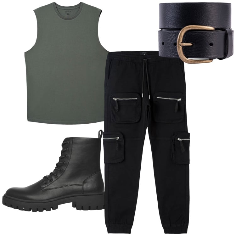 Outfit uomo - In città. Stile Urban per Tutti i giorni. Abbinamento con canottiere, anfibi, pantaloni cargo, cinture.