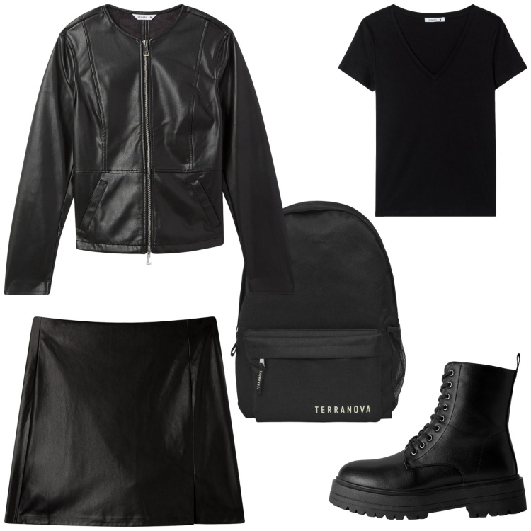 Outfit donna - Ritorno a scuola in total black. Stile Rock per Scuola/Università. Abbinamento con blazer, minigonne, t-shirt, zaini, anfibi.