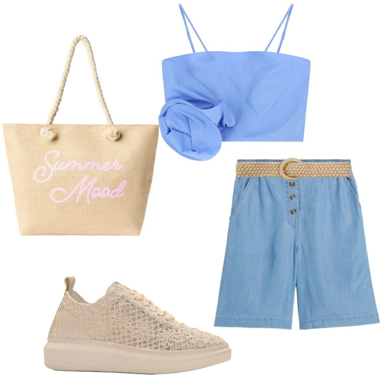 Outfit donna - La borsa in paglia. Stile Casual chic per Tutti i giorni. Abbinamento con shorts, sneakers, cinture, borse tote, top.
