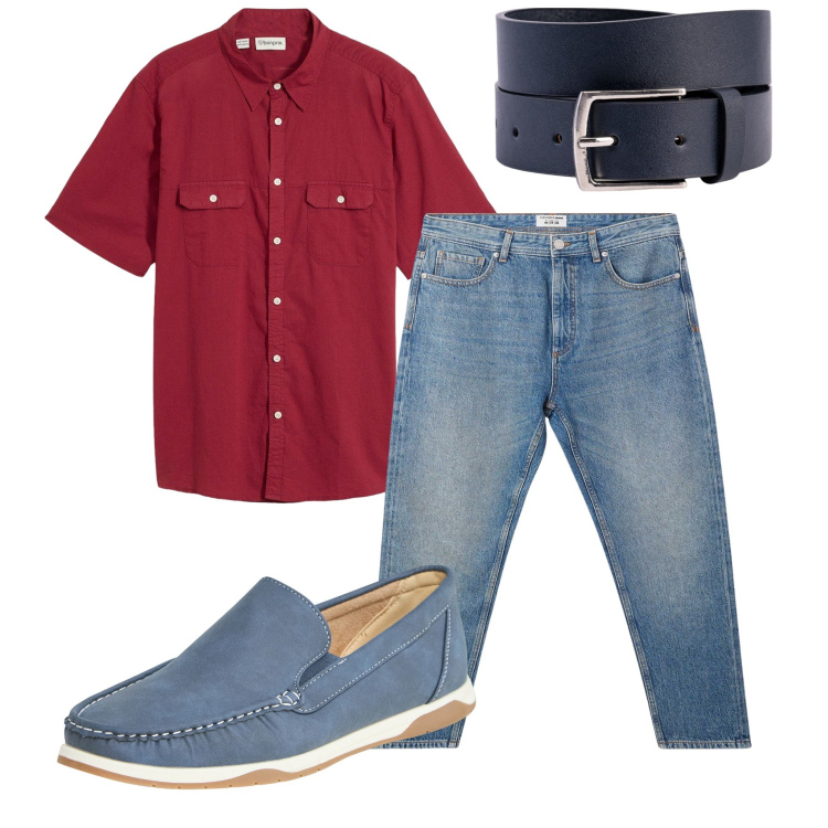 Outfit uomo - La camicia rossa. Stile Urban per Tutti i giorni. Abbinamento con camicie a manica corta, scarpe stringate, jeans, cinture.