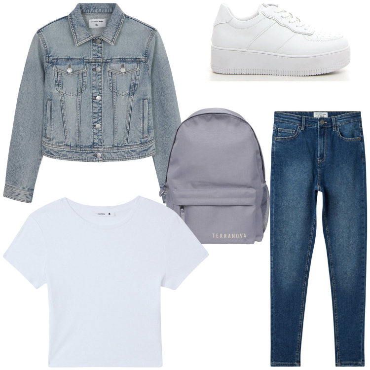 Outfit donna - Back to scool Total denim. Stile Casual per Scuola/Università. Abbinamento con t-shirt, zaini, jeans skinny, blazer, sneakers.