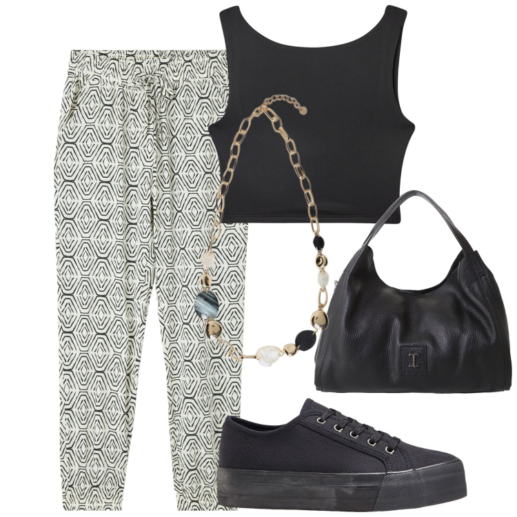 Outfit donna - Il top in estate. Stile Casual per Tutti i giorni. Abbinamento con sneakers, top, pantaloni, pochette, collane.