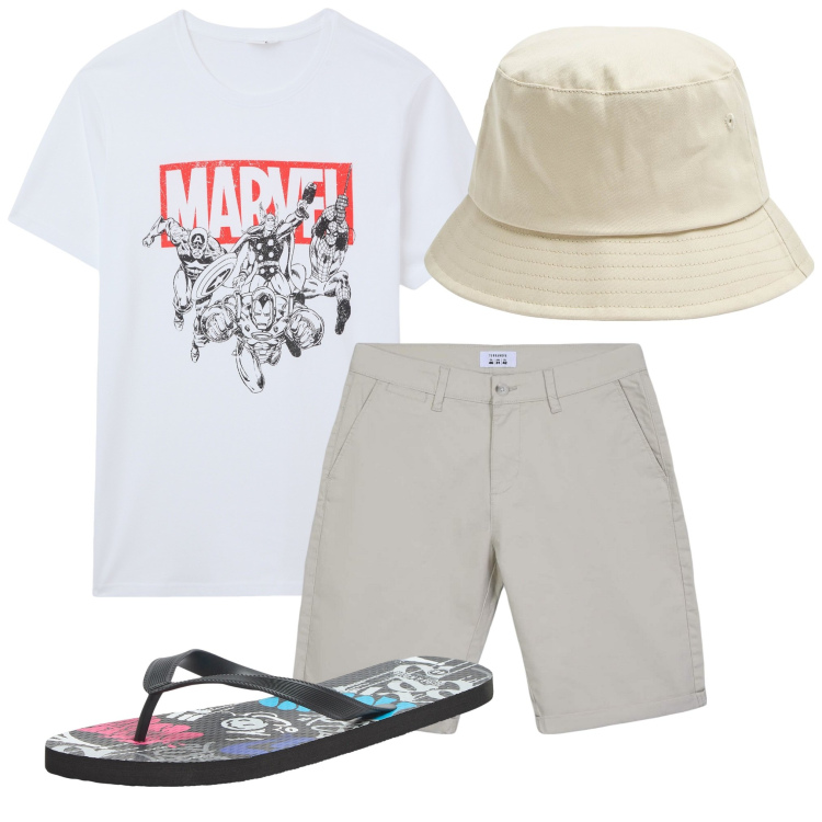 Outfit uomo - La maglietta della Marvel. Stile Trendy per Tutti i giorni. Abbinamento con cappelli, sandali, t-shirt, bermuda.
