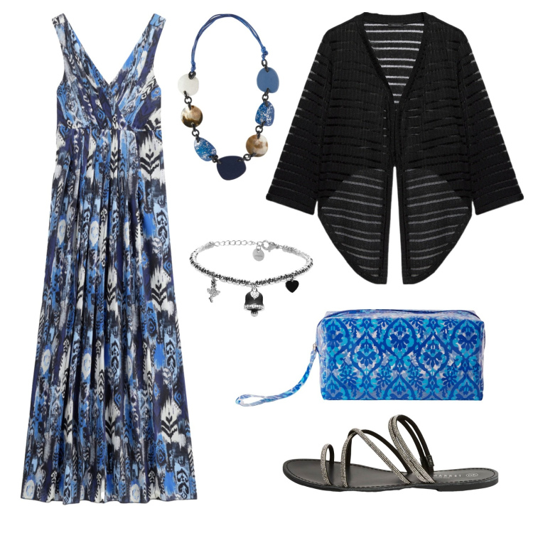 Outfit donna - Nero e blu. Stile Boho per Serata fuori. Abbinamento con pochette, sandali, vestiti lunghi, braccialetti, bolero, collane.
