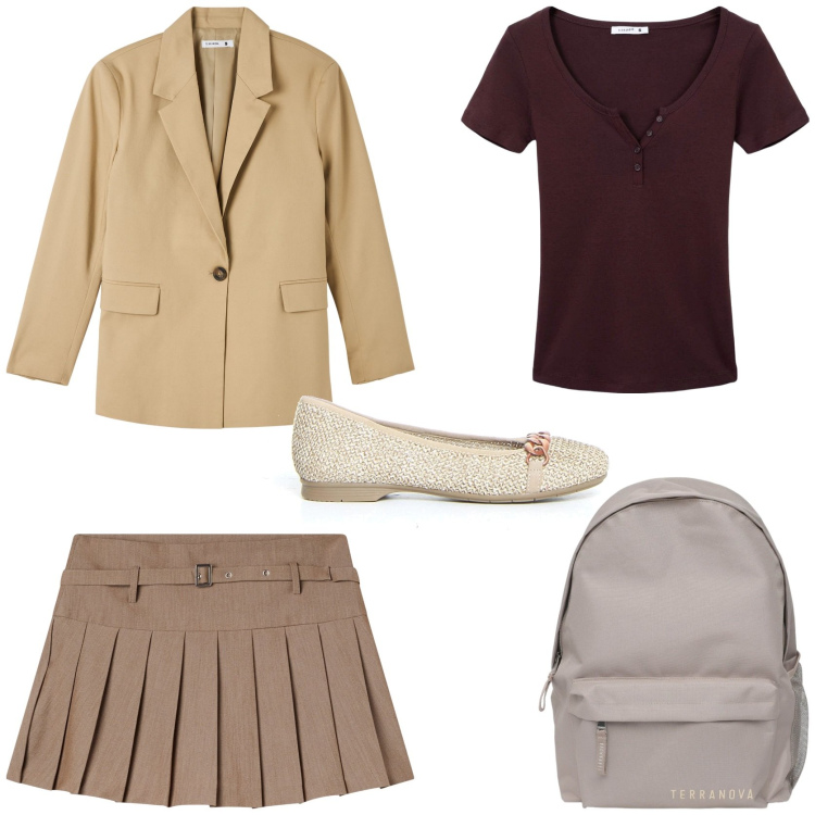 Outfit donna - Back to school preppy chic. Stile Preppy per Scuola/Università. Abbinamento con blazer, minigonne, zaini, t-shirt, ballerine.