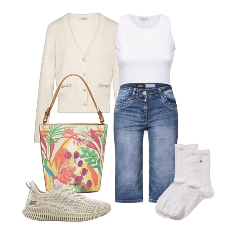 Outfit femme - Août. Style Tendance pour Tous les jours. Assortir avec sneakers, short, gilets, sacs en bandoulière, socquettes, débardeurs à bretelles.